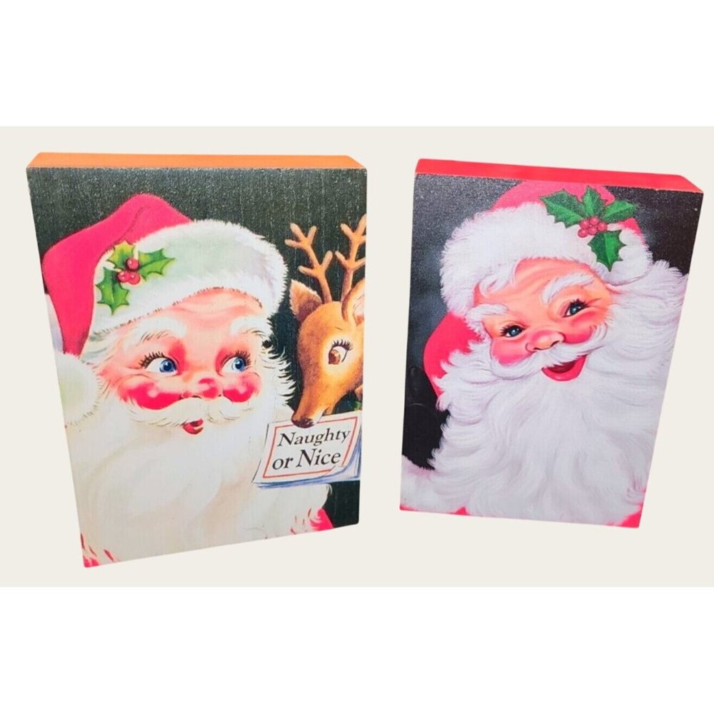 MCM Look Santa Claus Wooden Wall Decor Plaques Set Of 2 - NEW